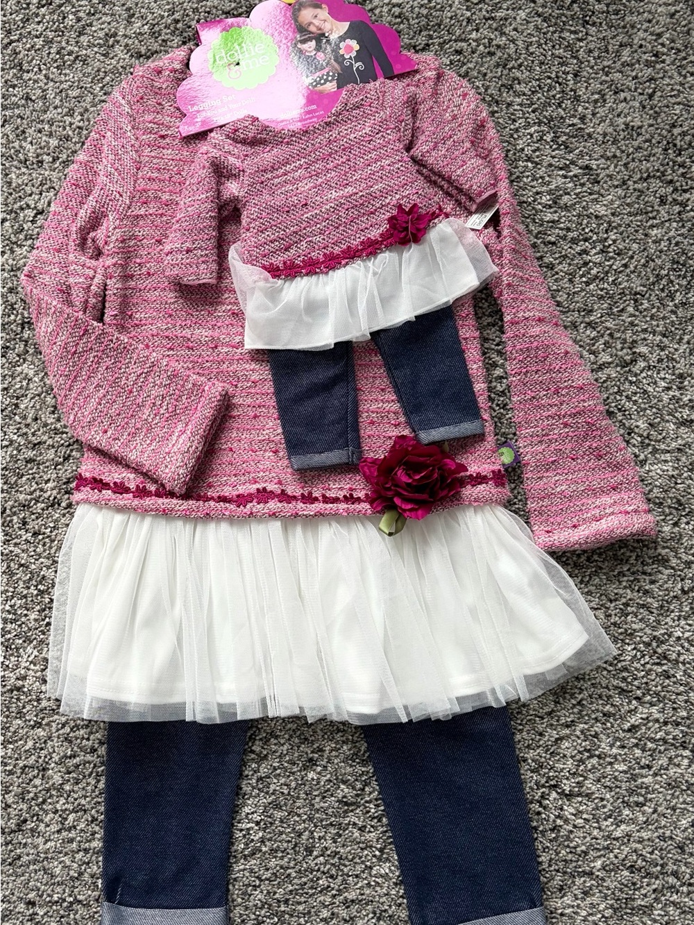Dollie & Me Girls Pink Knit Tulle Dress Top with Navy Leggings